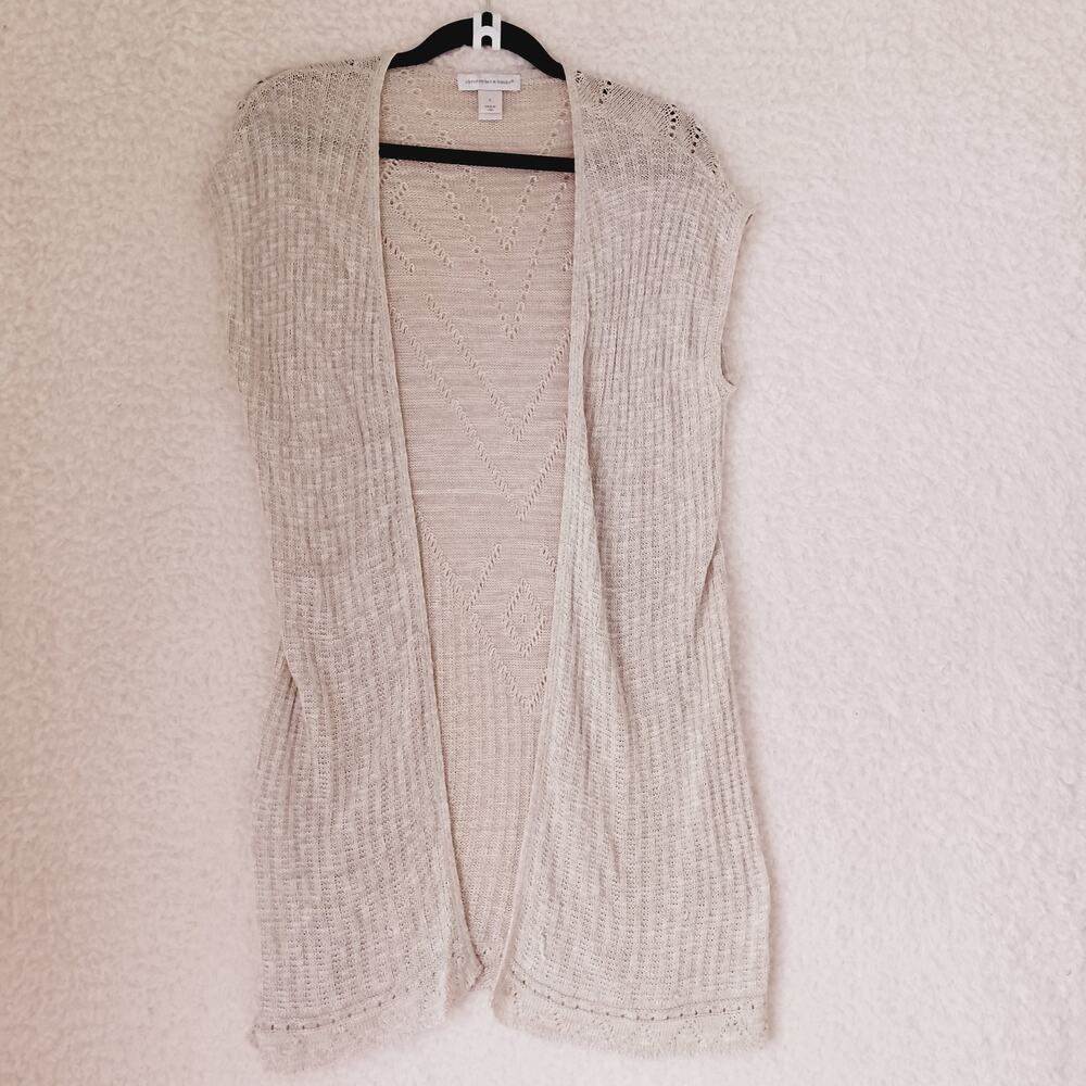 Sweater Christopher Banks Cardigan Open Long Line Duster Tweed Cap Sleeve Size S